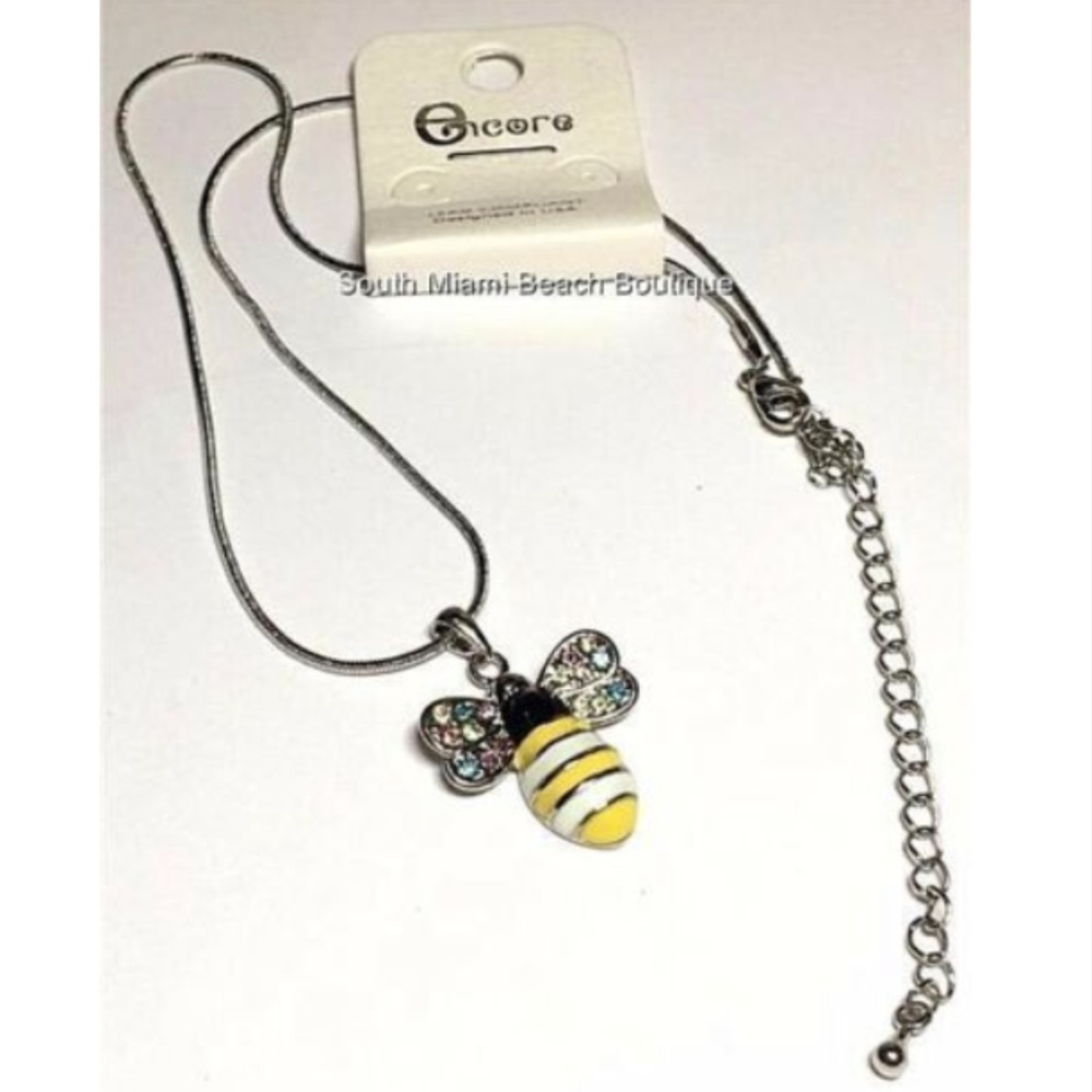 Silver Tone Crystal Bumble Bee Necklace Multicolor Crystals 18" Insect Jewelry - Picture 4 of 8